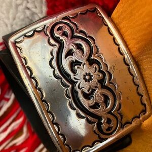 Silpada silver tone belt buckle and black leather belt